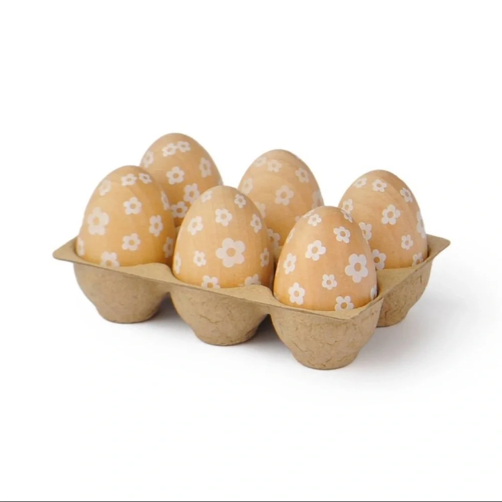 New! Target Bullseye Playground Set of 6 Natural Floral Patterned Wood Eggs